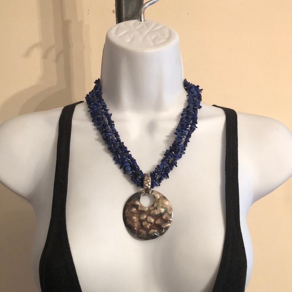 VINTAGE Lapis Lazuli Sterling Silver Pendant Statement Necklace Signed - Picture 2 of 7